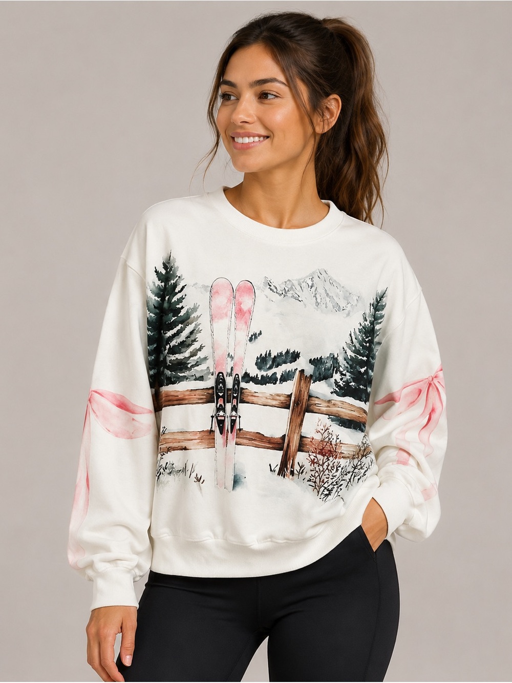 Boutique Winter Scene Ski Print Sweatshirt White Small